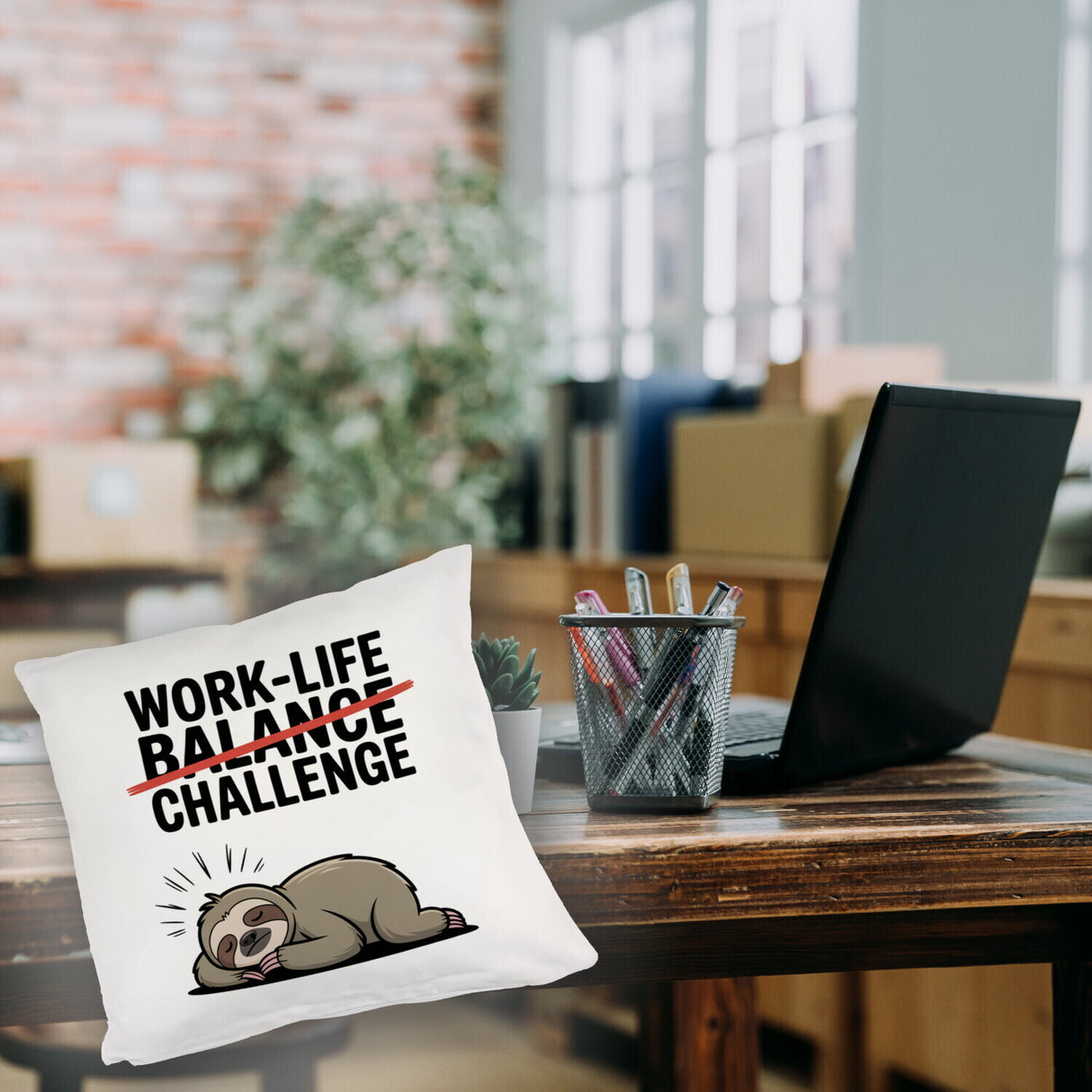 Work-Life Balance/Challenge Kissen mit Faultier