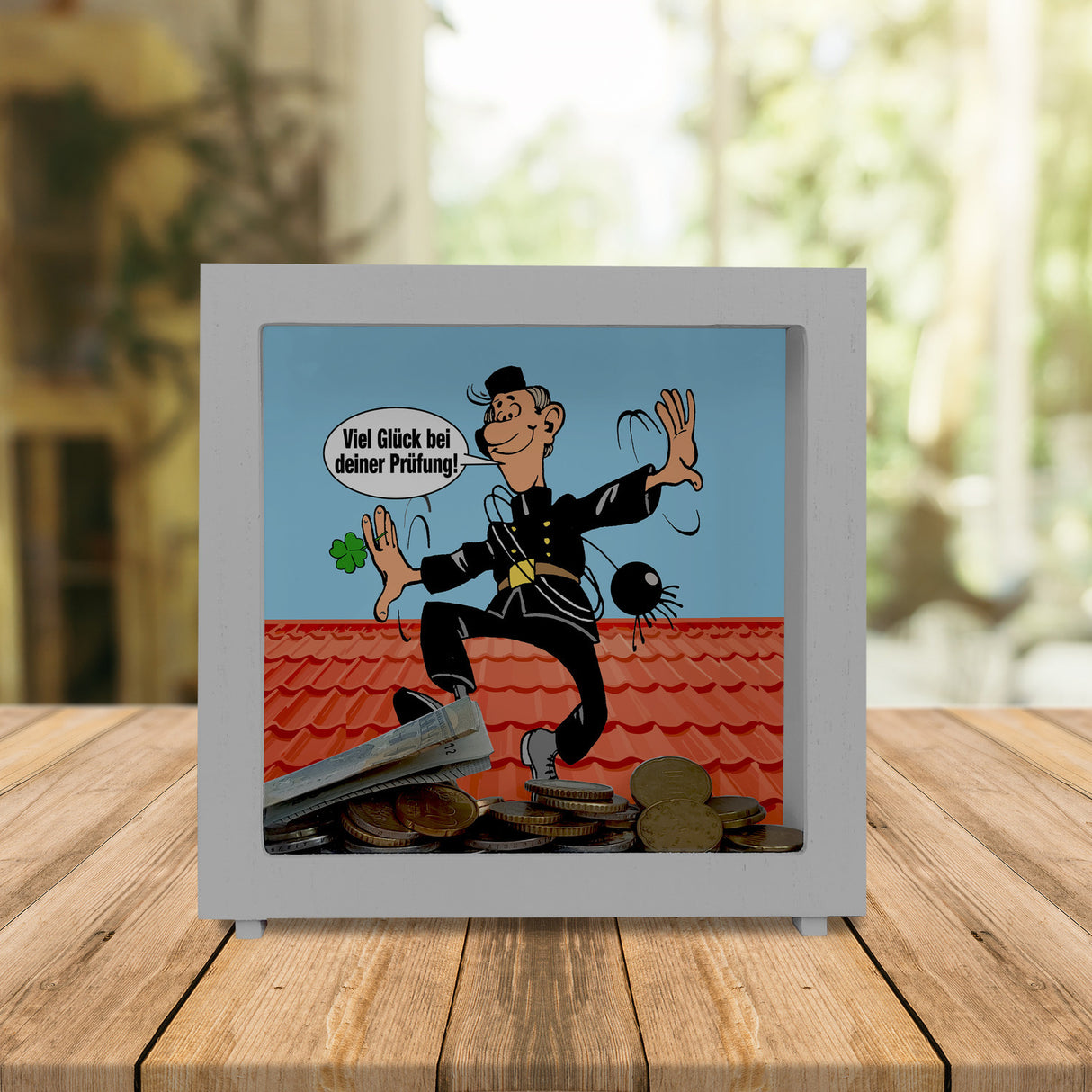 Kaminfeger Spardose mit Spruch: Viel Glück bei deiner Prüfung