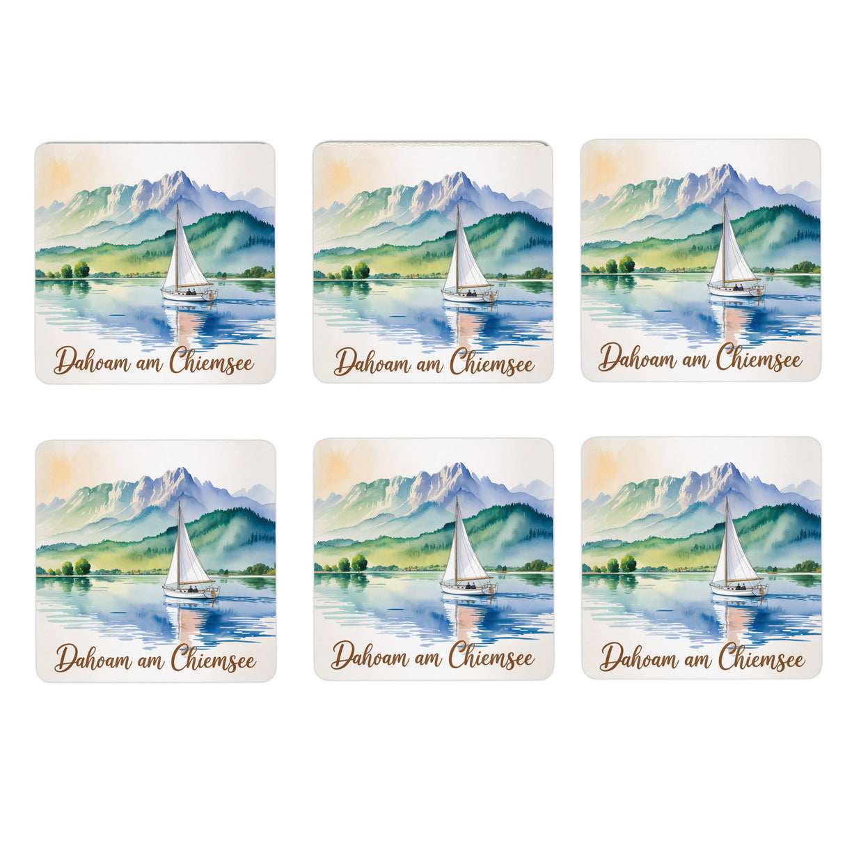 Chiemgau Chiemsee 6er Set Untersetzer aus Holz - Dahoam am Chiemsee