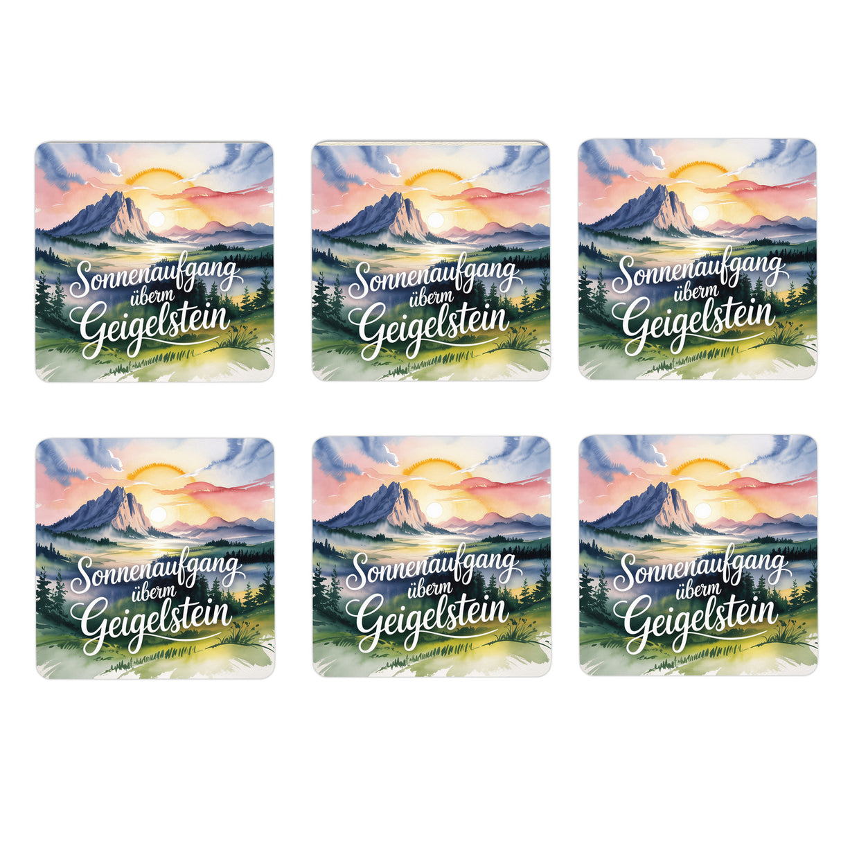 Chiemgau Geigelstein 6er Set Untersetzer aus Holz - Sonnenaufgang