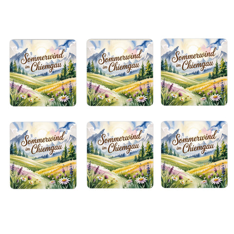 Chiemgau Blumenwiese 6er Set Untersetzer aus Holz - Sommerwind