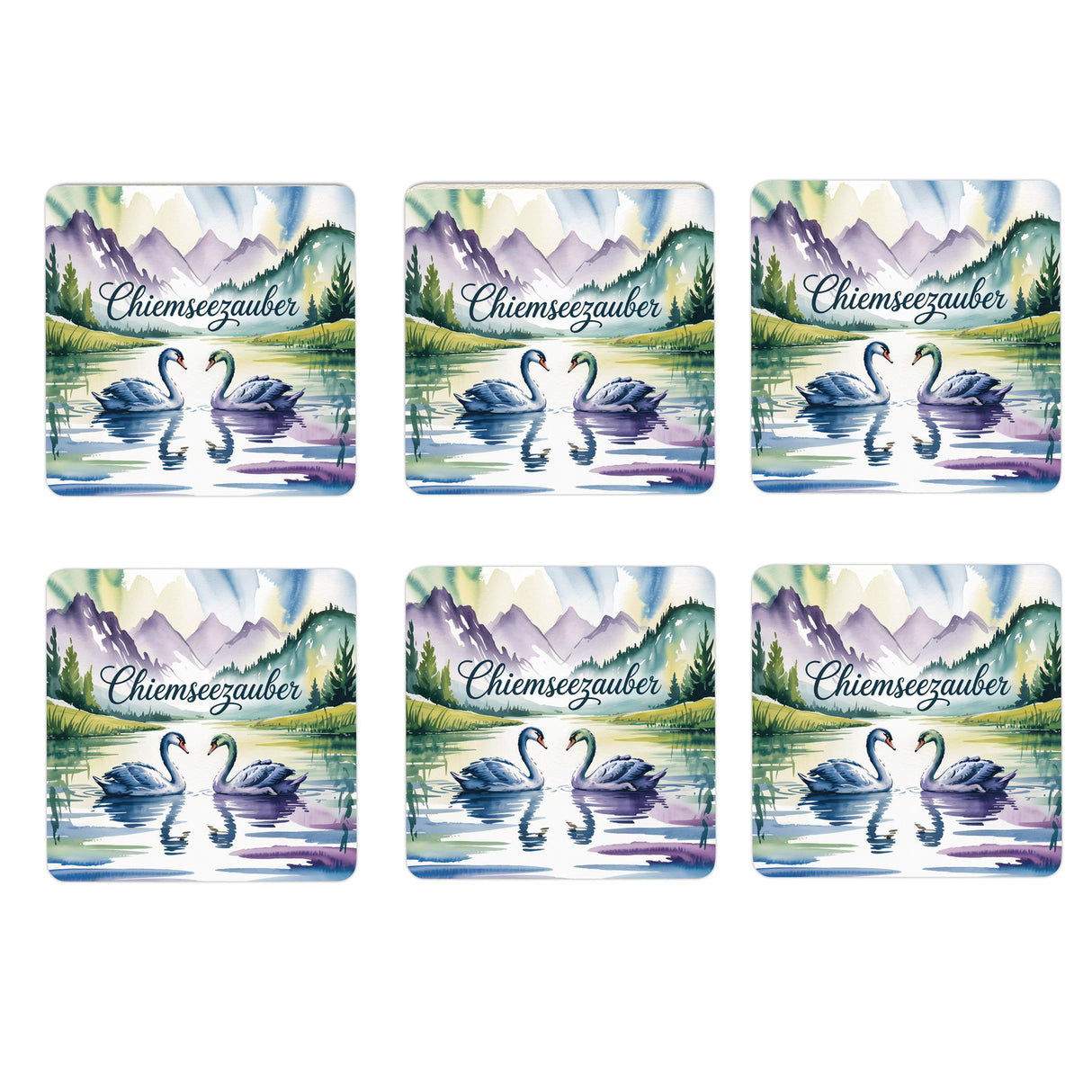 Chiemgau Schwäne 6er Set Untersetzer aus Holz - Chiemseezauber