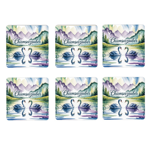 Chiemgau Schwäne 6er Set Untersetzer aus Holz - Chiemseezauber