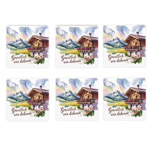 Chiemgau Alpenhaus 6er Set Untersetzer aus Holz - Gmiatlich wia dahoam