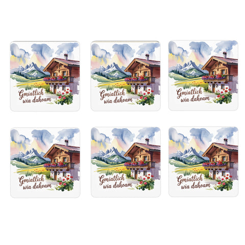 Chiemgau Alpenhaus 6er Set Untersetzer aus Holz - Gmiatlich wia dahoam
