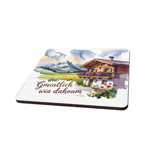 Chiemgau Alpenhaus 6er Set Untersetzer aus Holz - Gmiatlich wia dahoam
