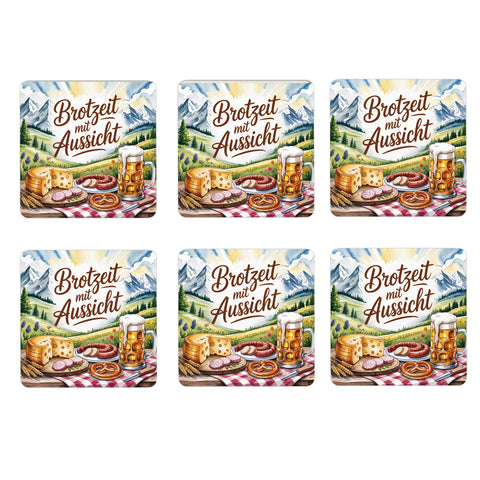 Chiemgau Almpicknick 6er Set Untersetzer aus Holz - Brotzeit mit Aussicht