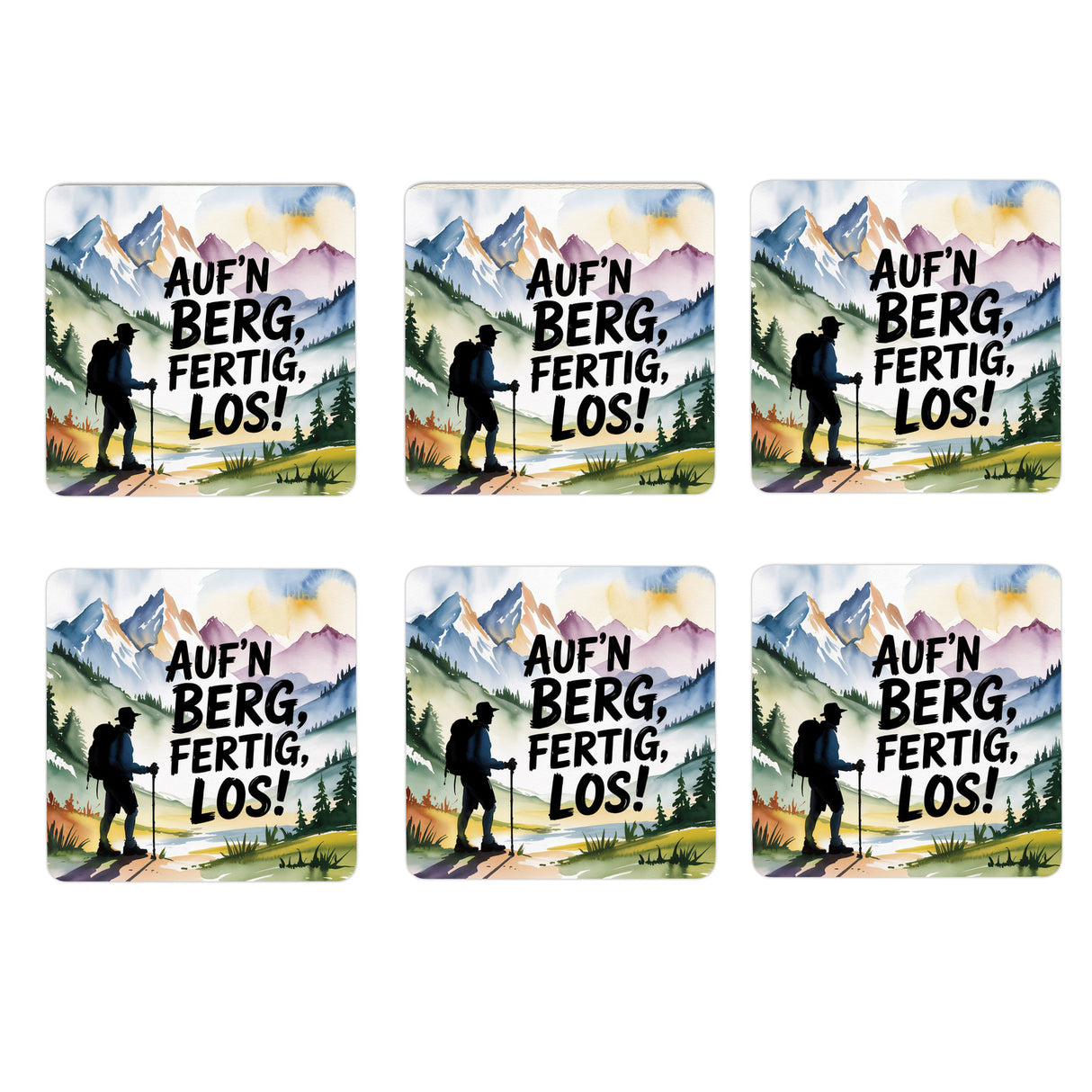 Chiemgau Wanderer 6er Set Untersetzer aus Holz - Auf'n Berg, fertig, los!