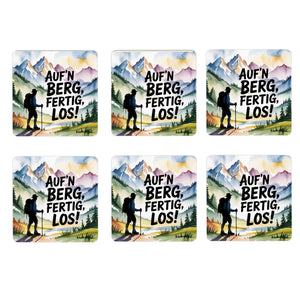 Chiemgau Wanderer 6er Set Untersetzer aus Holz - Auf'n Berg, fertig, los!