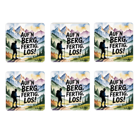 Chiemgau Wanderer 6er Set Untersetzer aus Holz - Auf'n Berg, fertig, los!