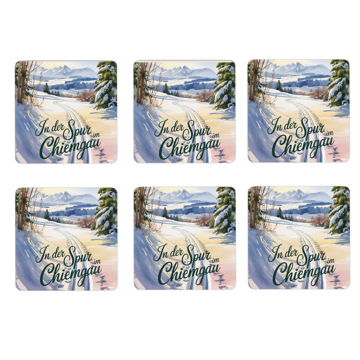Chiemgau Langlauf 6er Set Untersetzer aus Holz - In der Spur im Chiemgau