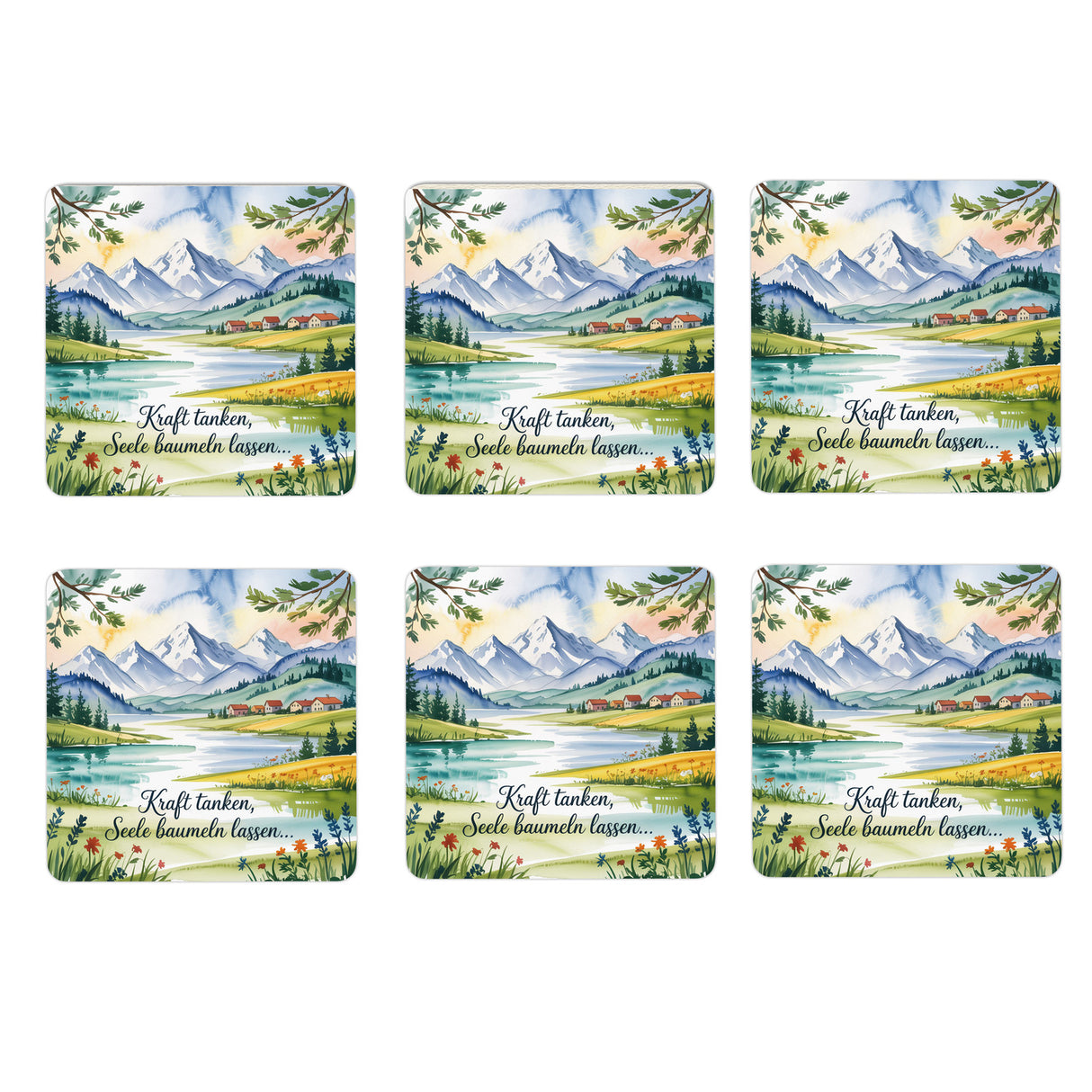 Chiemgau Alpen 6er Set Untersetzer aus Holz - Kraft tanken