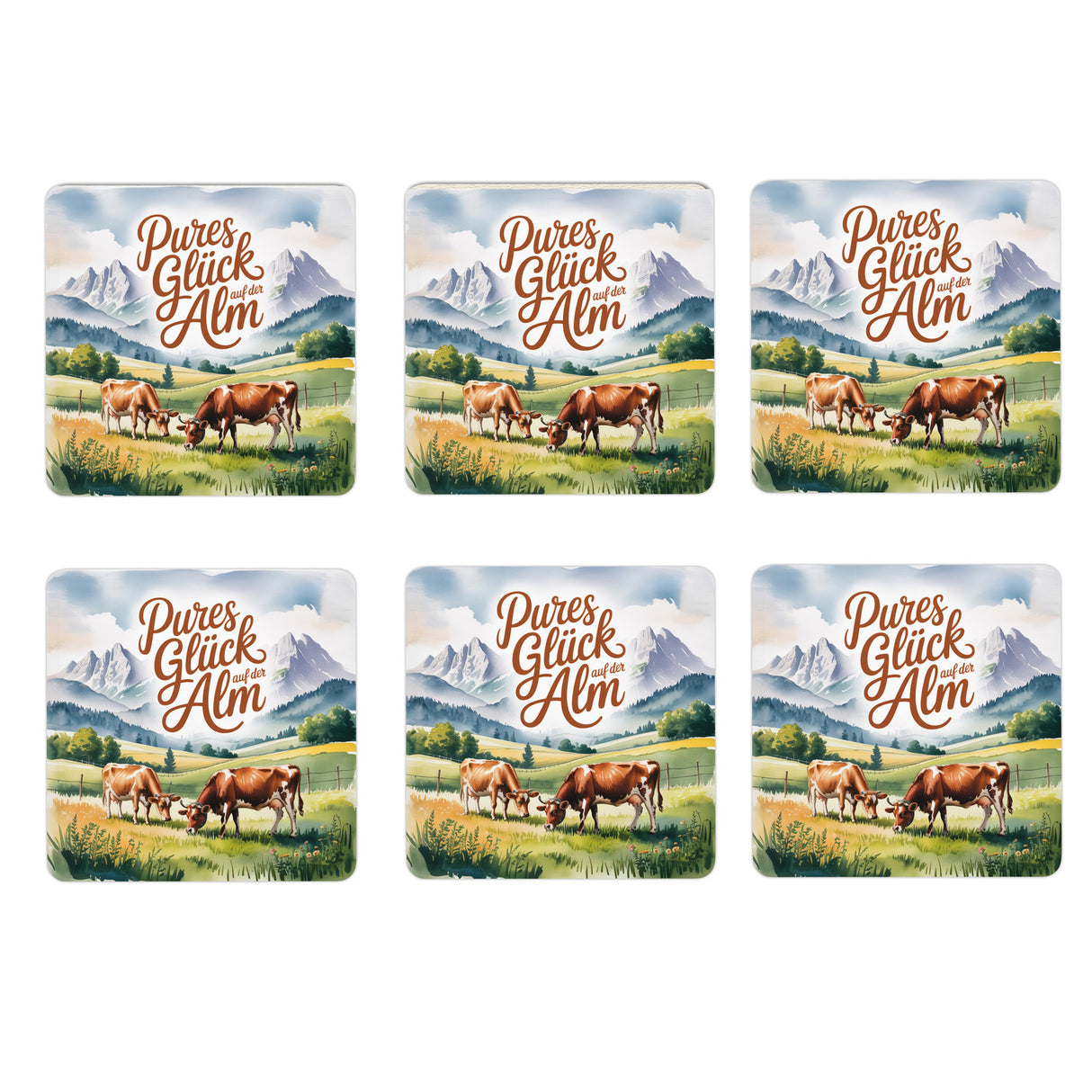 Chiemgau Kühe auf der Alm 6er Set Untersetzer aus Holz - Pures Glück