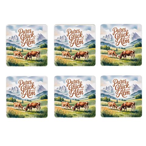 Chiemgau Kühe auf der Alm 6er Set Untersetzer aus Holz - Pures Glück