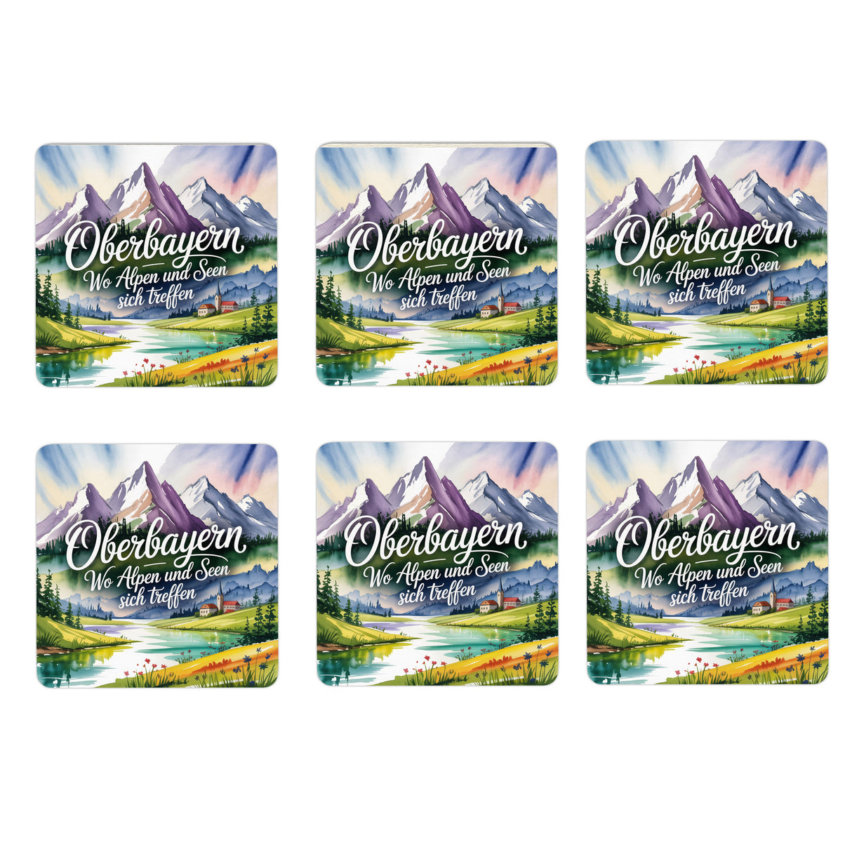 Oberbayern Berge und See 6er Set Untersetzer aus Holz - Wo Alpen und Seen sich treffen
