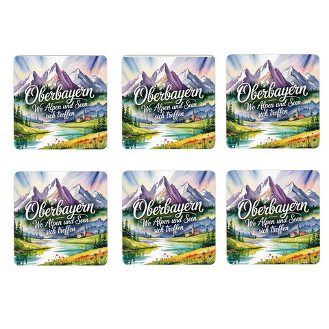 Oberbayern Berge und See 6er Set Untersetzer aus Holz - Wo Alpen und Seen sich treffen