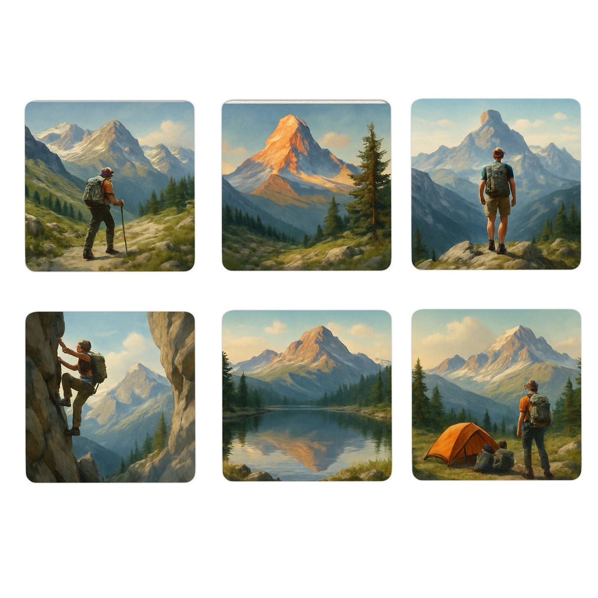 Bergweltwanderer 6er Set Untersetzer aus Holz für Naturfans