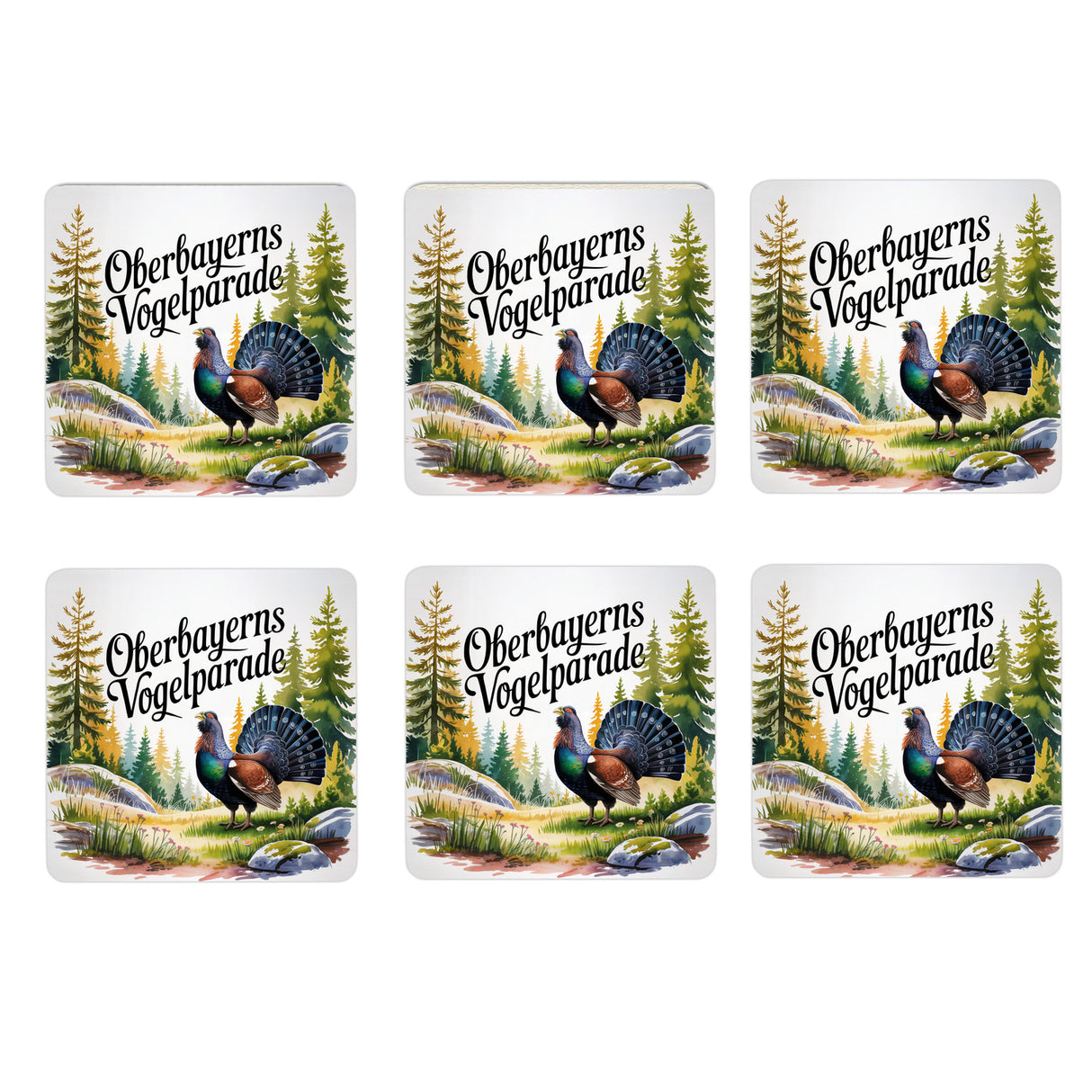 Oberbayern Auerhuhn 6er Set Untersetzer aus Holz - Vogelparade