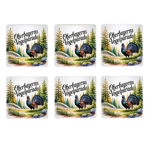 Oberbayern Auerhuhn 6er Set Untersetzer aus Holz - Vogelparade