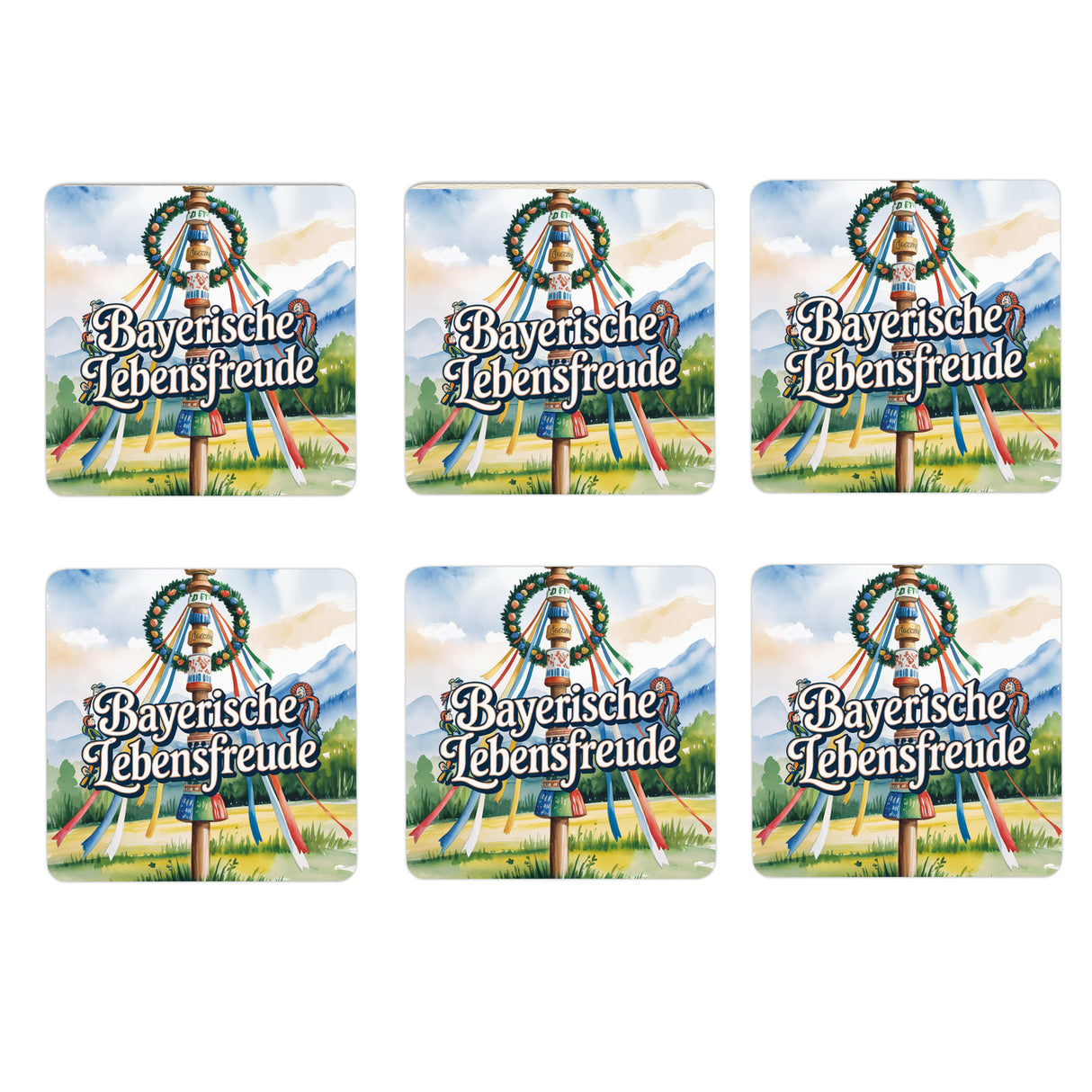 Oberbayern Maibaum 6er Set Untersetzer aus Holz - Bayerische Lebensfreude