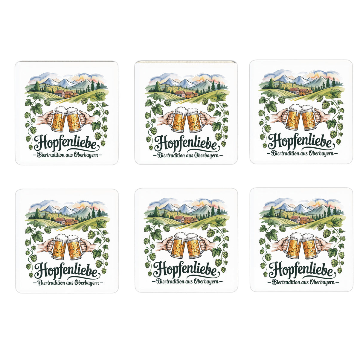 Oberbayern Biertradition 6er Set Untersetzer aus Holz - Hopfenliebe
