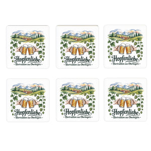 Oberbayern Biertradition 6er Set Untersetzer aus Holz - Hopfenliebe
