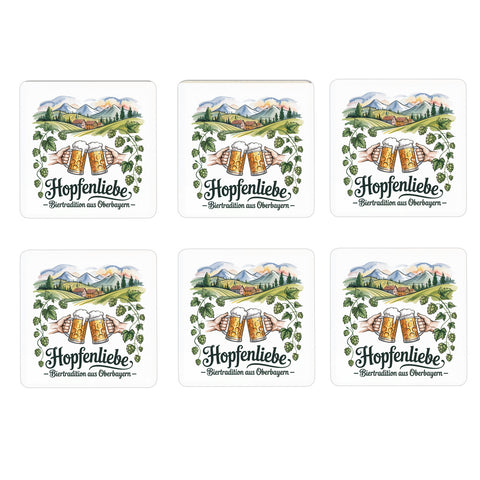 Oberbayern Biertradition 6er Set Untersetzer aus Holz - Hopfenliebe