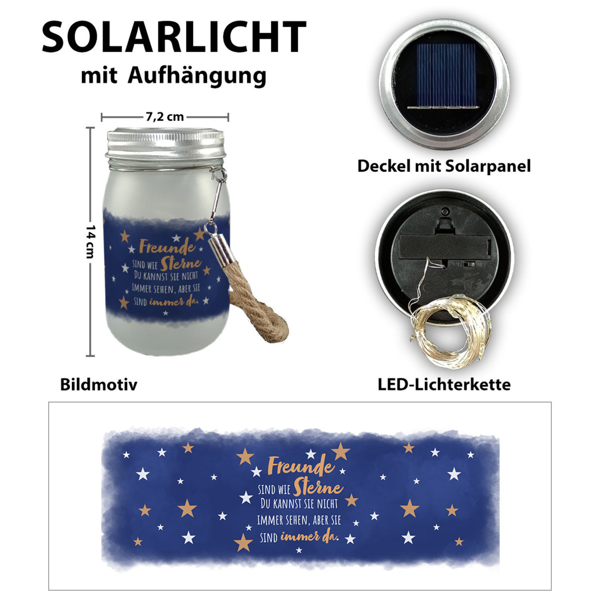 Freunde sind wie Sterne Nachthimmel Solarlicht Solarlampe mit Illustration für den Garten