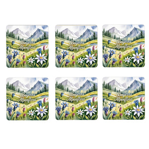 Oberbayern Blumenwiese 6er Set Untersetzer aus Holz - Bayerns Alpenflora