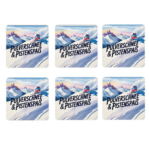 Oberbayern Skifahrer 6er Set Untersetzer aus Holz - Pulverschnee & Pistenspaß