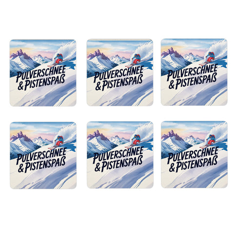 Oberbayern Skifahrer 6er Set Untersetzer aus Holz - Pulverschnee & Pistenspaß
