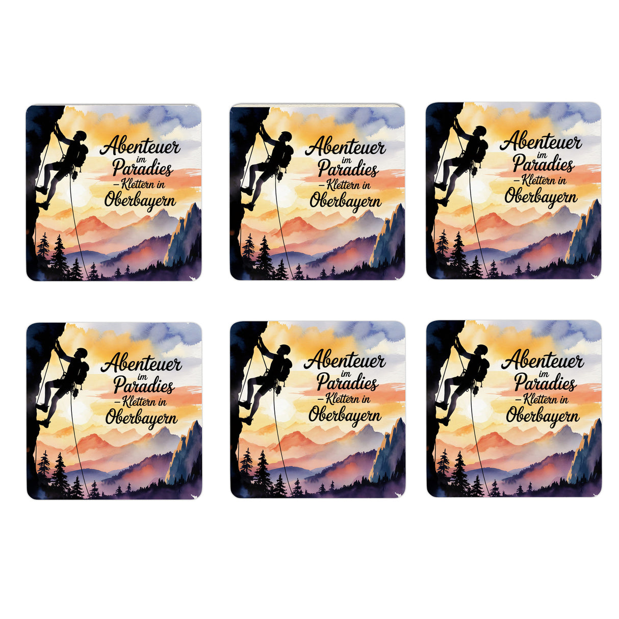 Oberbayern Kletterer 6er Set Untersetzer aus Holz - Abenteuer im Paradies