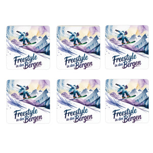 Oberbayern Snowboarder 6er Set Untersetzer aus Holz - Freestyle in den Bergen