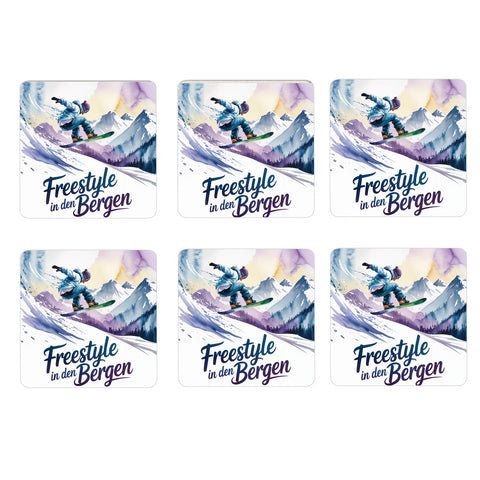Oberbayern Snowboarder 6er Set Untersetzer aus Holz - Freestyle in den Bergen