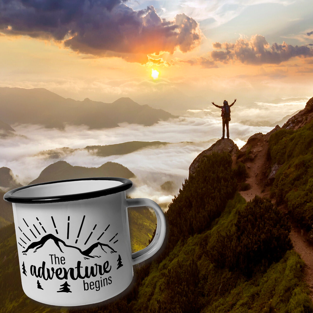 Berg mit Sonnenstrahlen The adventure begins Emaille Tasse