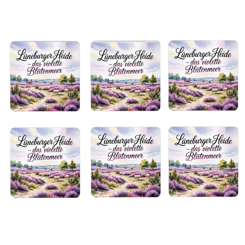 Lüneburger Heide 6er Set Untersetzer aus Holz - Das violette Blütenmeer