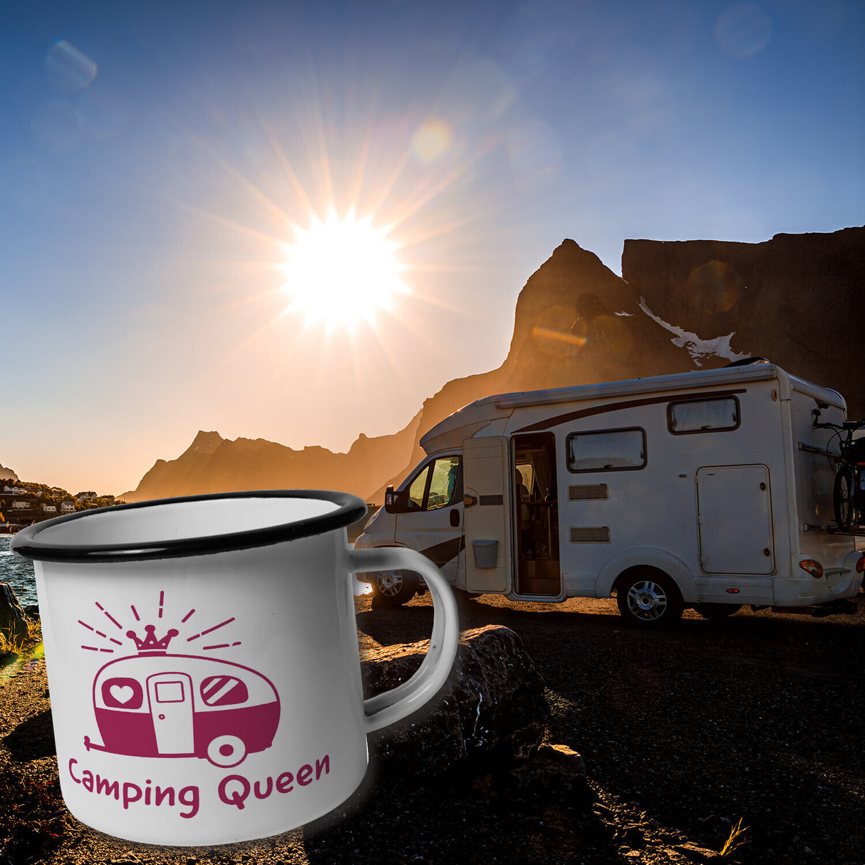 Rosa Wohnwagen Camping Queen Emaille Tasse für Camper