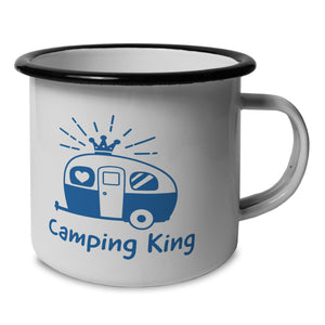 Hellblauer Wohnwagen Camping King Emaille Tasse für Camper
