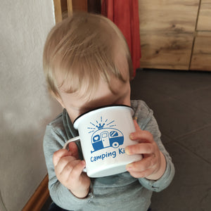Hellblauer Wohnwagen Camping King Emaille Tasse für Camper