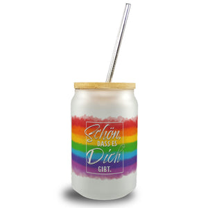 Schön, dass es Dich gibt Trinkglas mit Bambusdeckel mit Regenbogen