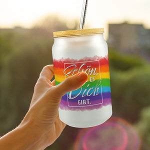 Schön, dass es Dich gibt Trinkglas mit Bambusdeckel mit Regenbogen