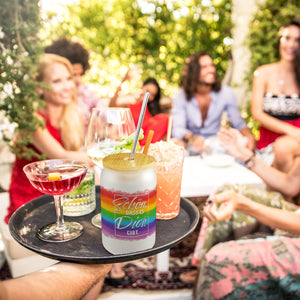 Schön, dass es Dich gibt Trinkglas mit Bambusdeckel mit Regenbogen