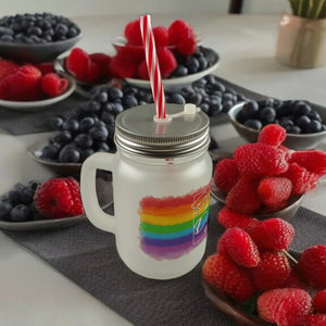 Schön, dass es Dich gibt Trinkglas mit Bambusdeckel mit Regenbogen