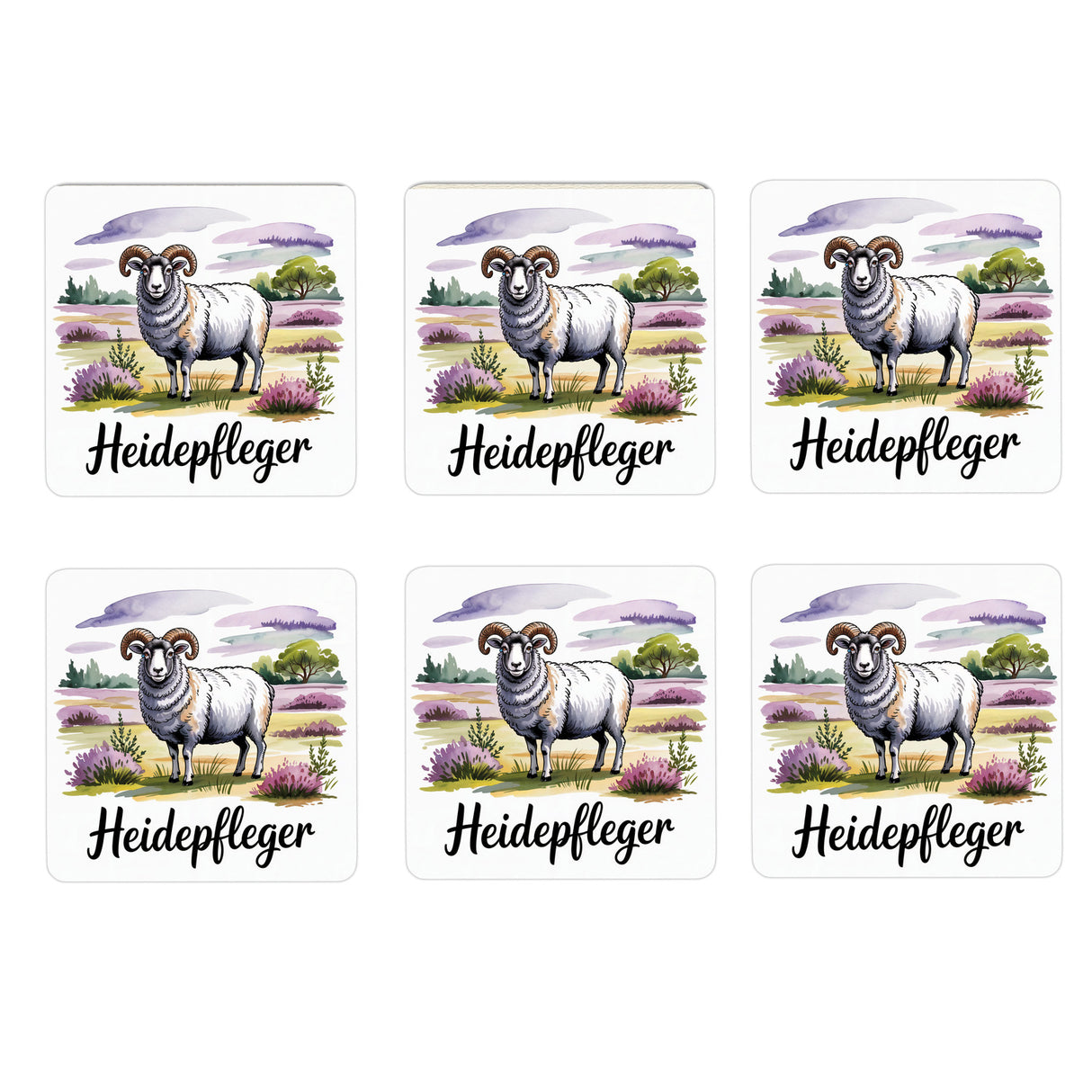 Lüneburger Heide Heidschnucke 6er Set Untersetzer aus Holz - Heidepfleger