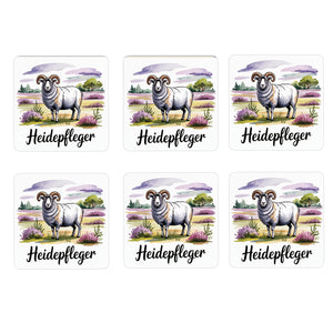 Lüneburger Heide Heidschnucke 6er Set Untersetzer aus Holz - Heidepfleger