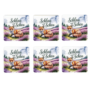 Lüneburger Heide Rotfuchs 6er Set Untersetzer aus Holz - Schlau und scheu