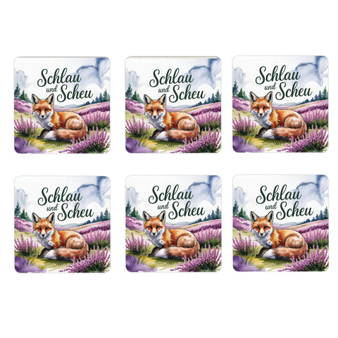 Lüneburger Heide Rotfuchs 6er Set Untersetzer aus Holz - Schlau und scheu