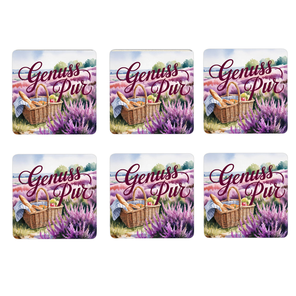 Lüneburger Heide Picknickkorb 6er Set Untersetzer aus Holz - Genuss pur