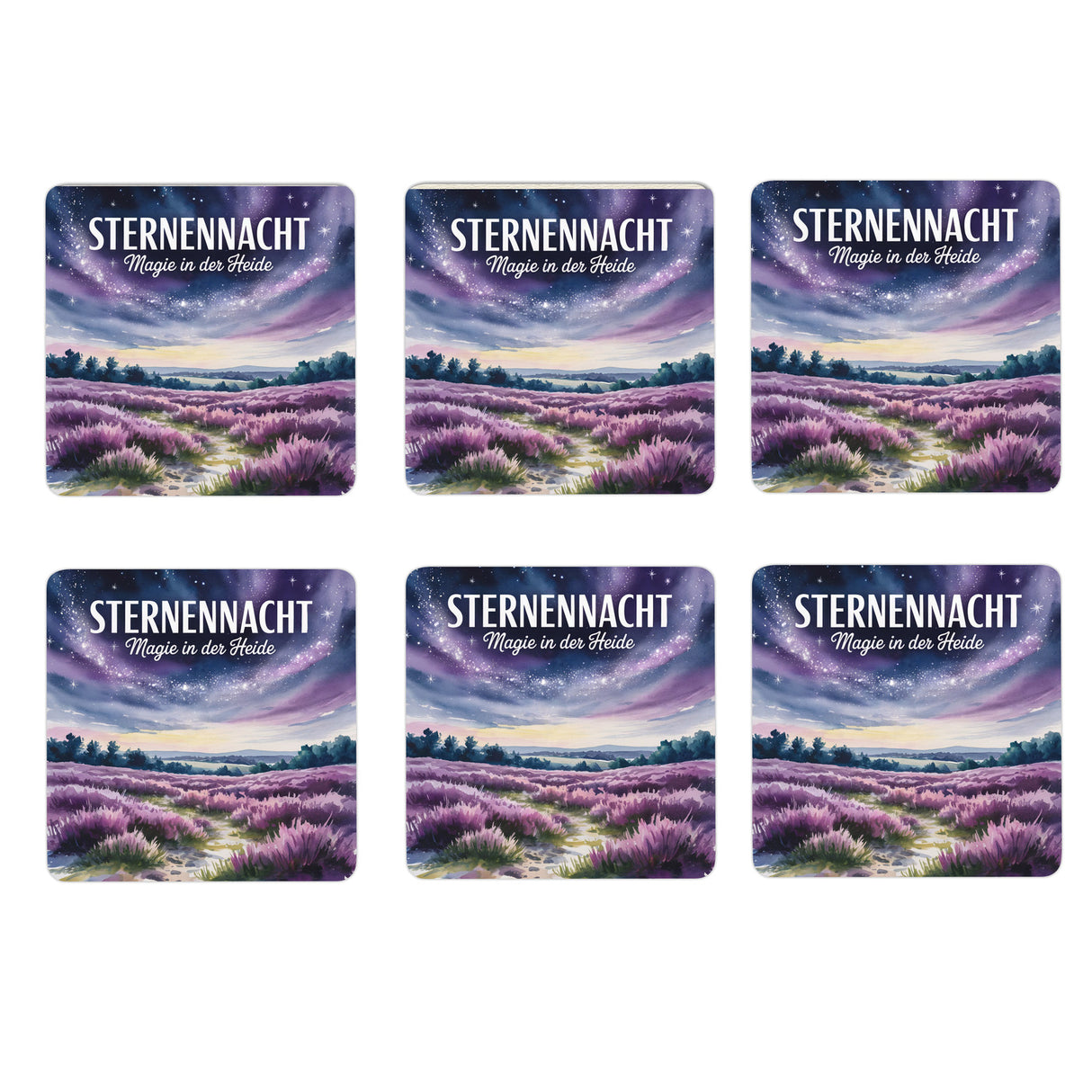 Lüneburger Heide bei Nacht 6er Set Untersetzer aus Holz - Magie in der Heide