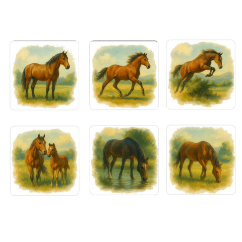 Vintage Pferde Illustration 6er Set Untersetzer aus Holz